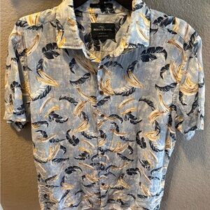 Rodd & Gunn 100% linen Men's medium Blue Feather Print Shirt made in Italy